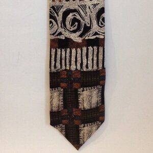 Hubert Milano Brown Off White Black Neck Tie Silk Mens Patch Block Scroll